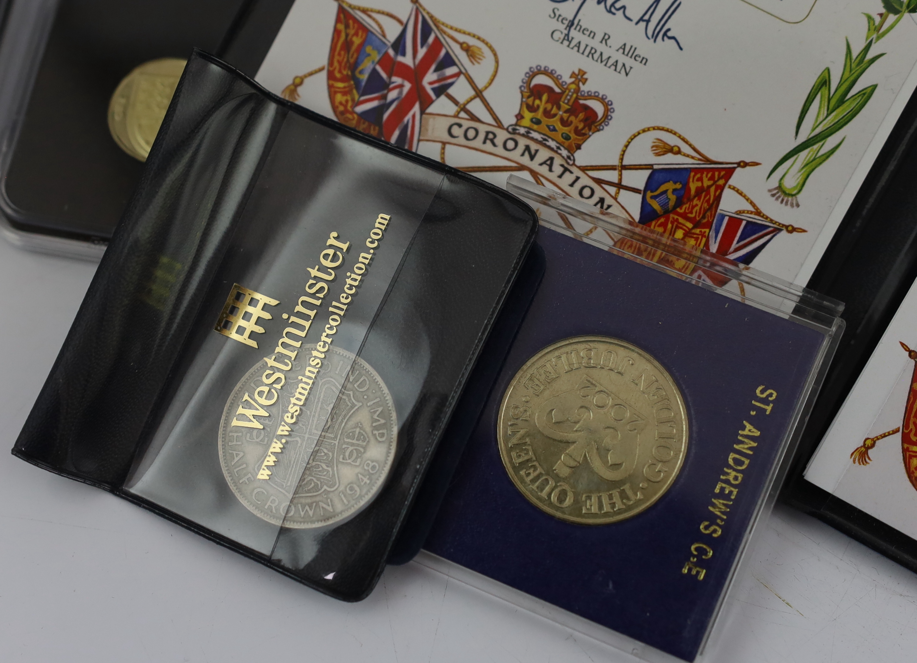 QEII coin issues - The London Mint office Britannia £5 coin and banknote tribute set, The 2008 & undated 20p coin set French, changing face of Britain’s coinage national emblems edition, Royal Mint 2012 Olympics 50p cycl